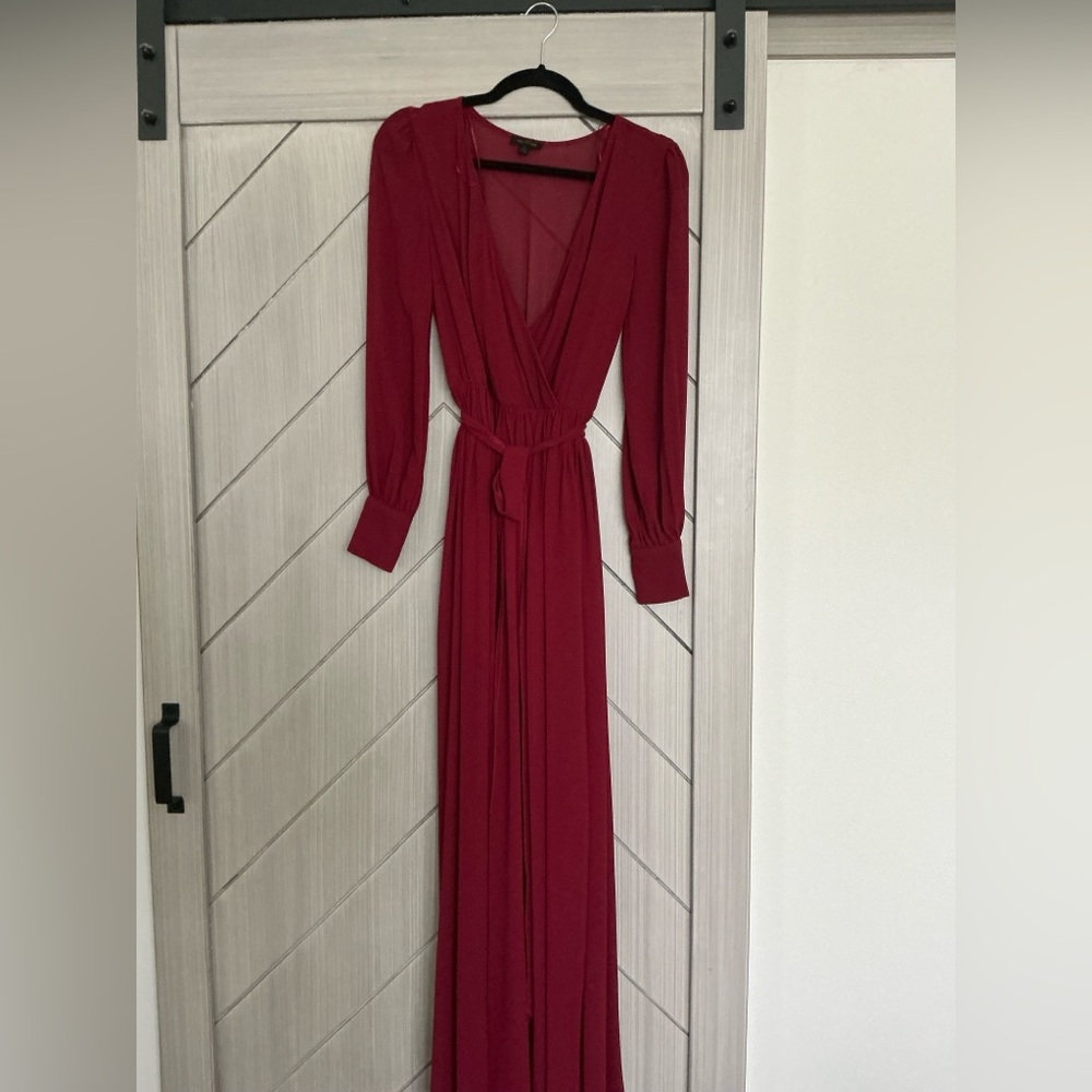 Miss Avenue Red Plunge Gown with Bishop Sleeves